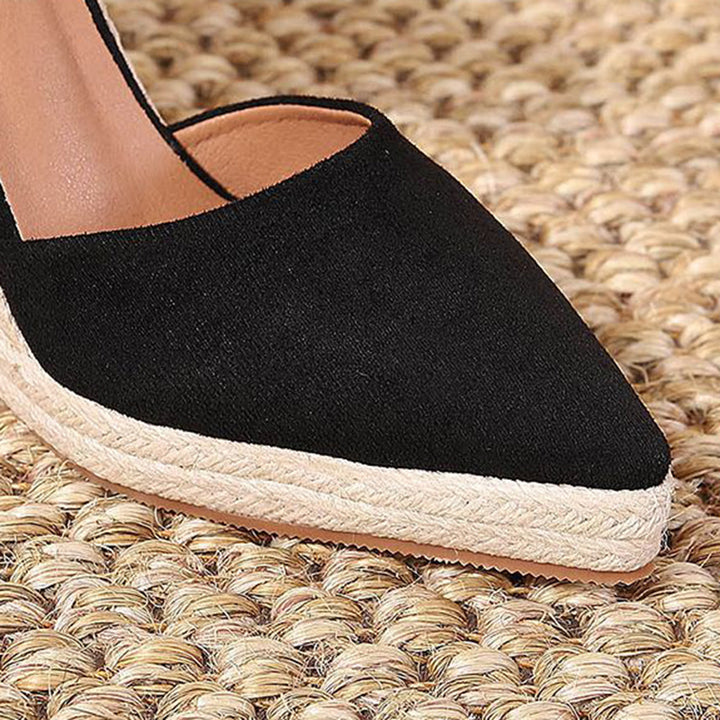 black Chic Pointed Toe Espadrille Wedge Sandals for Women – Braided Platform & Ankle Strap for Summer Events