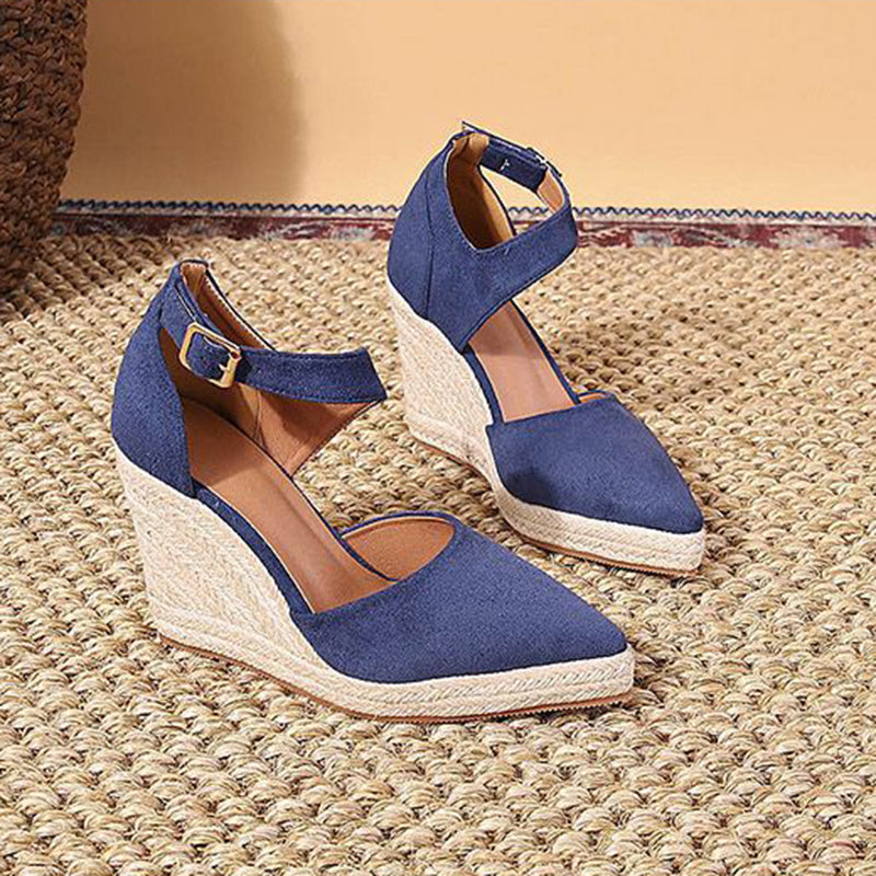 blue Chic Pointed Toe Espadrille Wedge Sandals for Women – Braided Platform & Ankle Strap for Summer Events