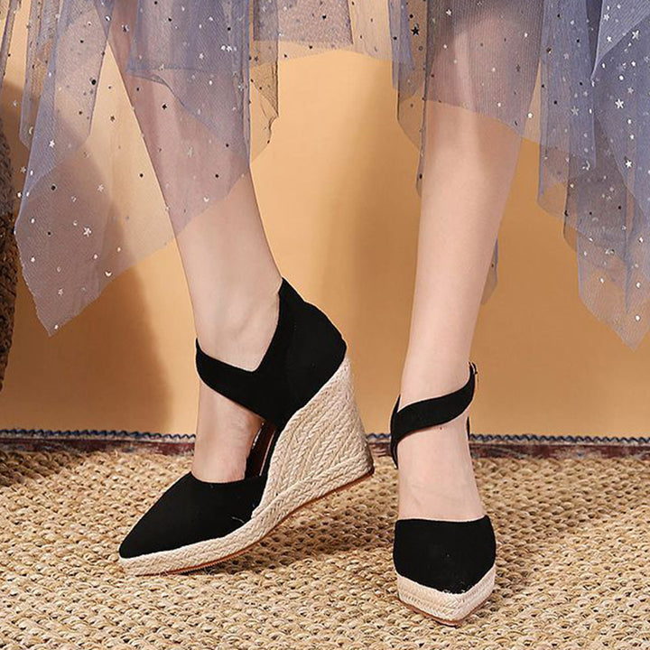 black Chic Pointed Toe Espadrille Wedge Sandals for Women – Braided Platform & Ankle Strap for Summer Events