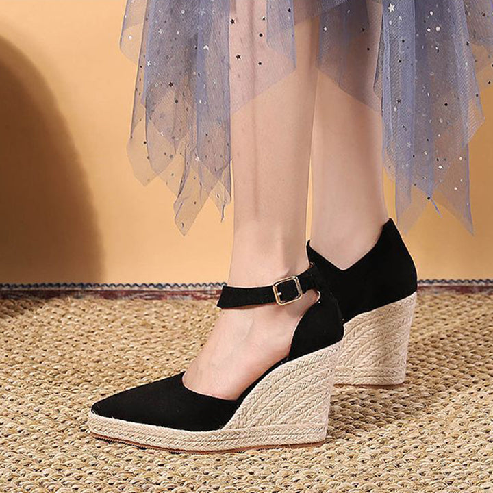 black Chic Pointed Toe Espadrille Wedge Sandals for Women – Braided Platform & Ankle Strap for Summer Events