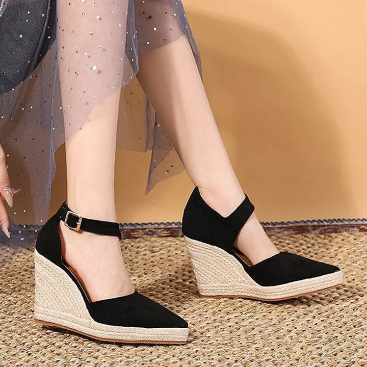 black Chic Pointed Toe Espadrille Wedge Sandals for Women – Braided Platform & Ankle Strap for Summer Events