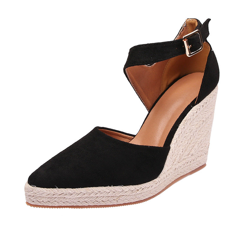 black Chic Pointed Toe Espadrille Wedge Sandals for Women – Braided Platform & Ankle Strap for Summer Events