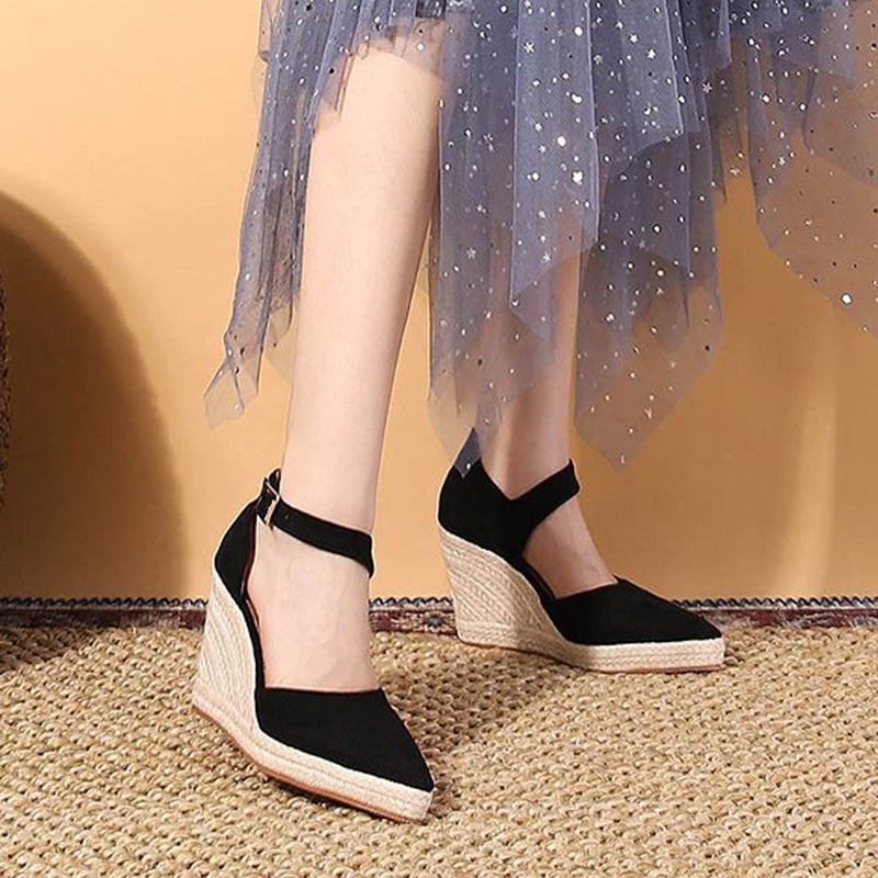 black Chic Pointed Toe Espadrille Wedge Sandals for Women – Braided Platform & Ankle Strap for Summer Events
