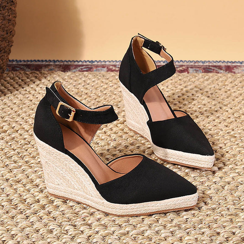 black Chic Pointed Toe Espadrille Wedge Sandals for Women – Braided Platform & Ankle Strap for Summer Events