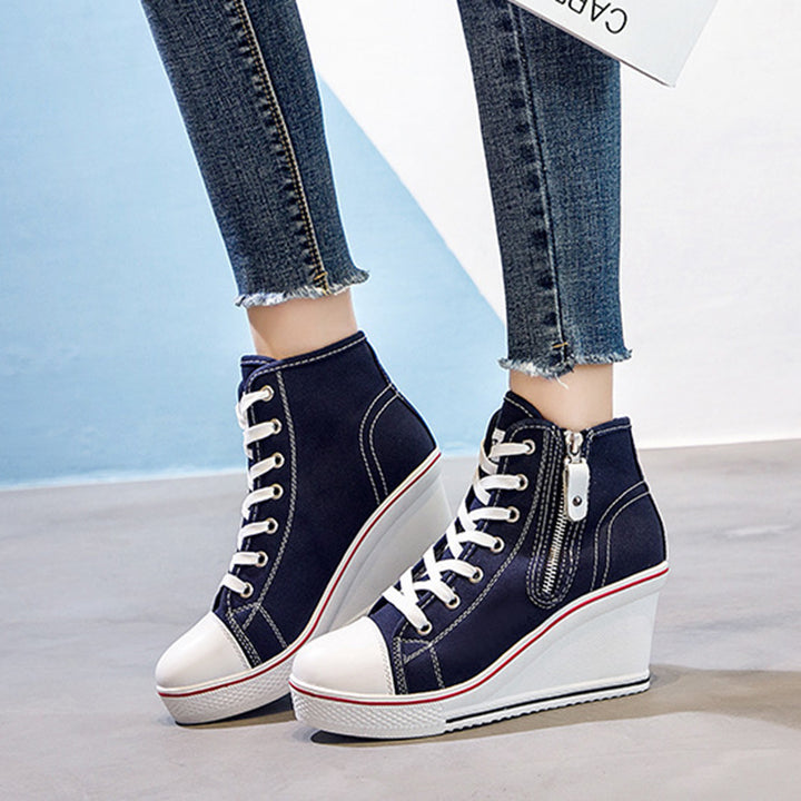 Women's platform wedge heels canvas sneakers with side zipper