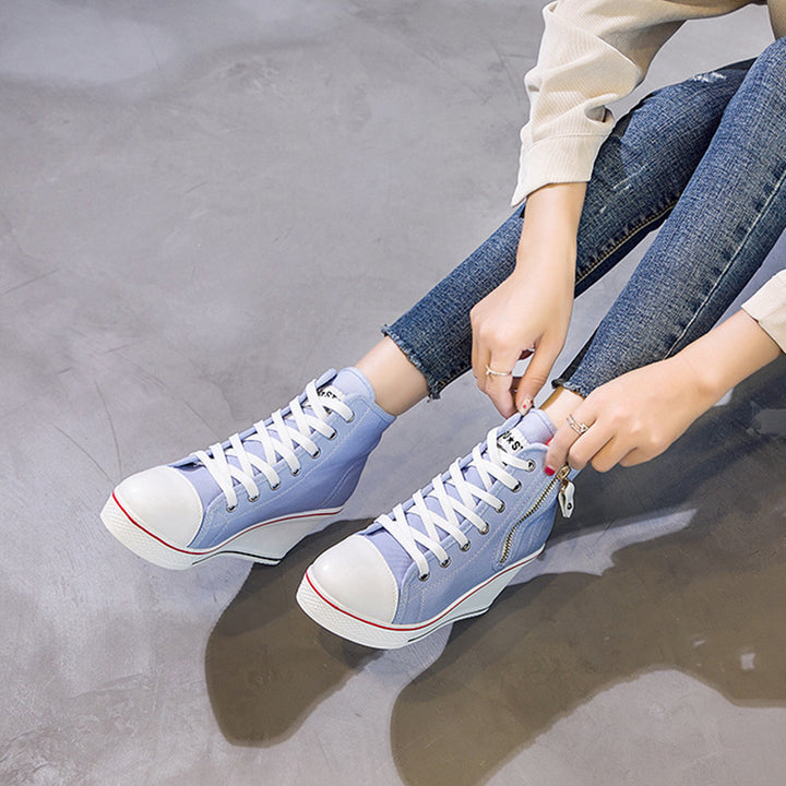 blue Women's platform wedge heels canvas sneakers with side zipper