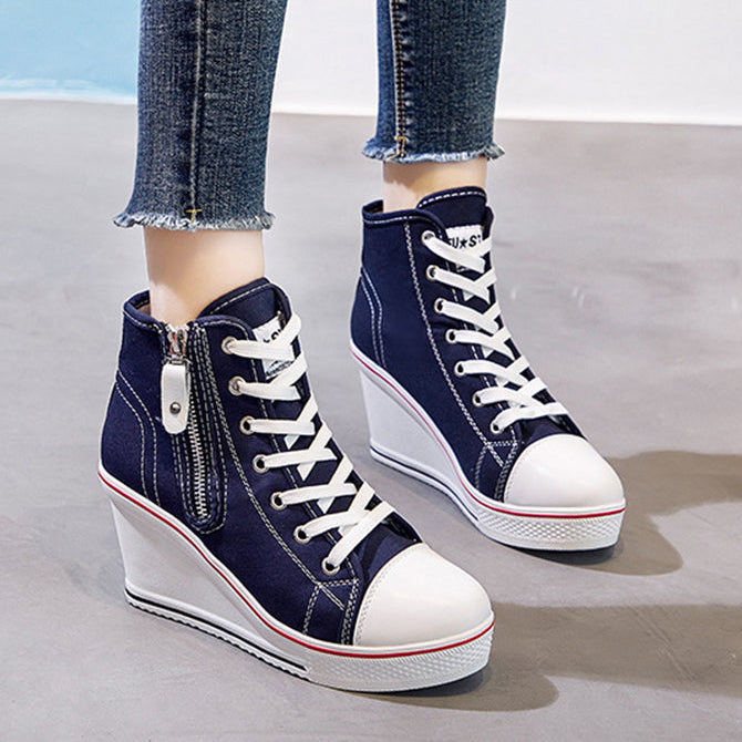 Women's platform wedge heels canvas sneakers with side zipper