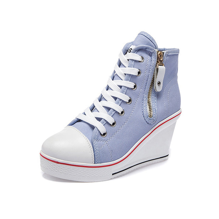 Women's platform wedge heels canvas sneakers with side zipper