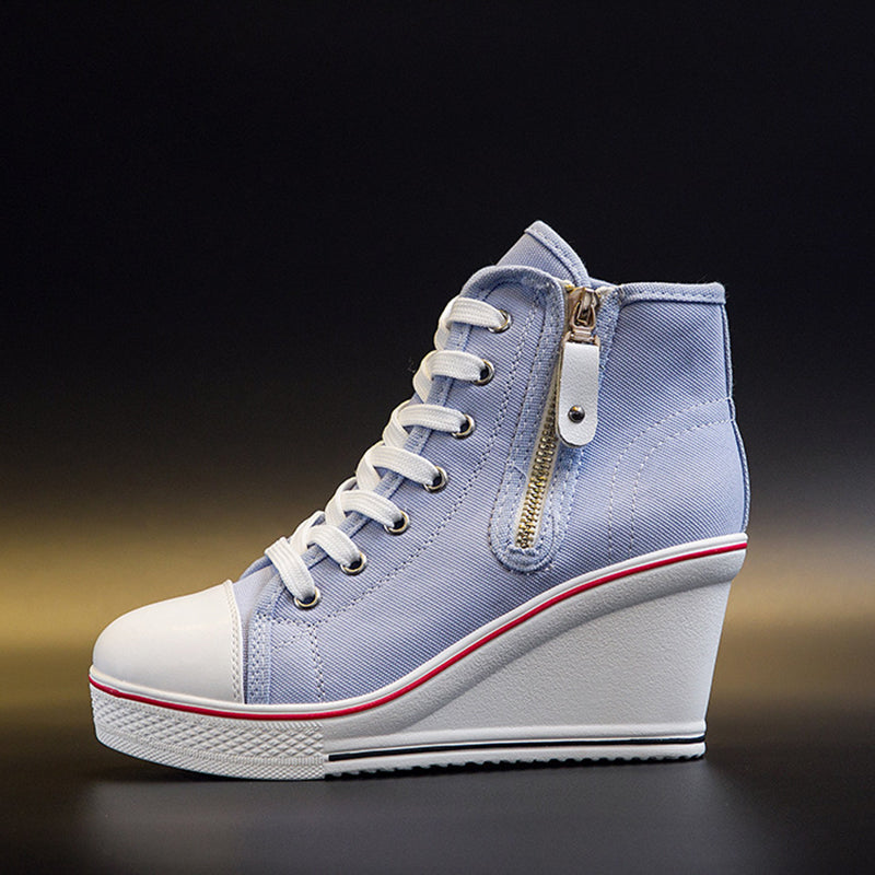 Women's platform wedge heels canvas sneakers with side zipper