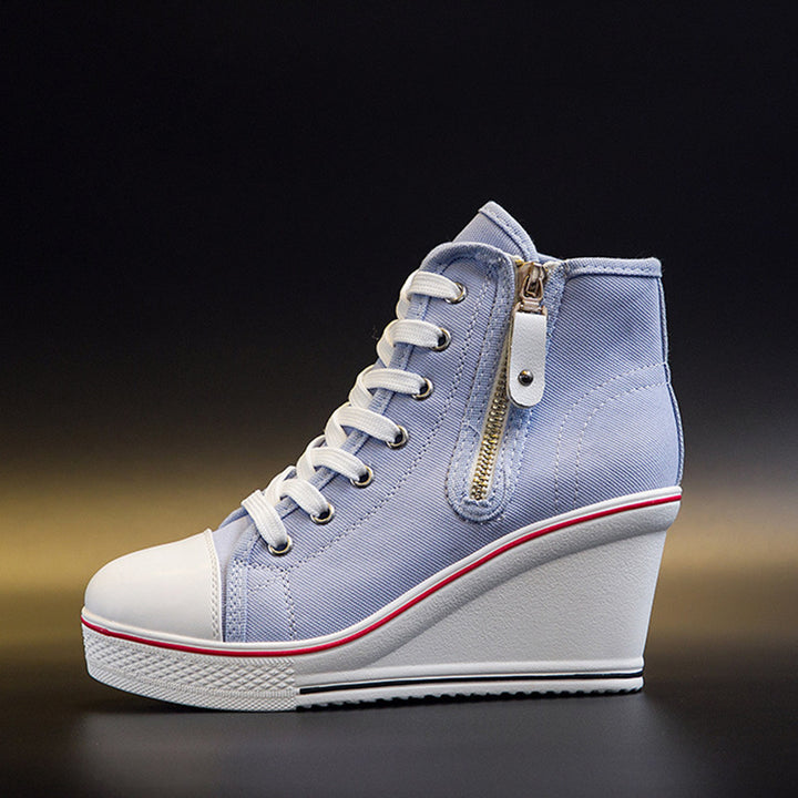 Women's platform wedge heels canvas sneakers with side zipper