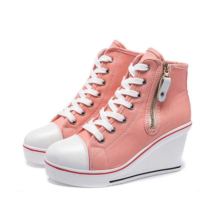 Women's platform wedge heels canvas sneakers with side zipper