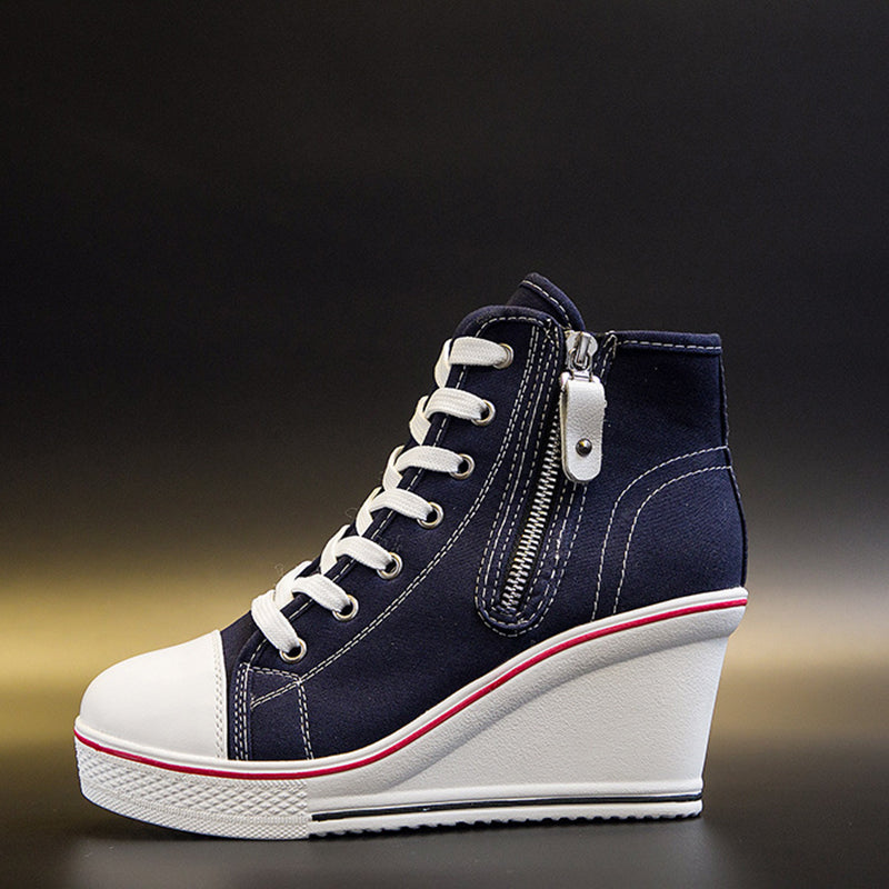 Women's platform wedge heels canvas sneakers with side zipper