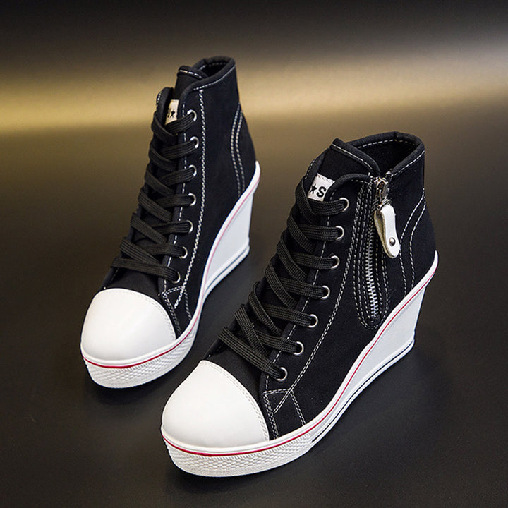 Women's platform wedge heels canvas sneakers with side zipper