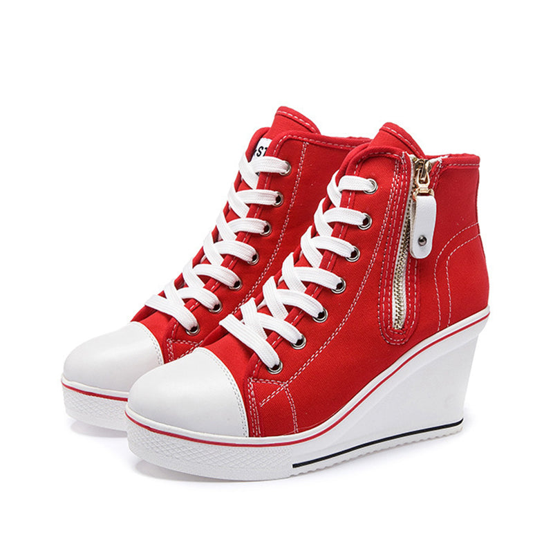 Women's platform wedge heels canvas sneakers with side zipper
