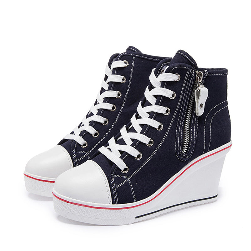 Women's platform wedge heels canvas sneakers with side zipper