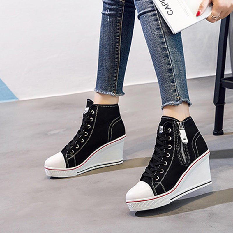 Women's platform wedge heels canvas sneakers with side zipper