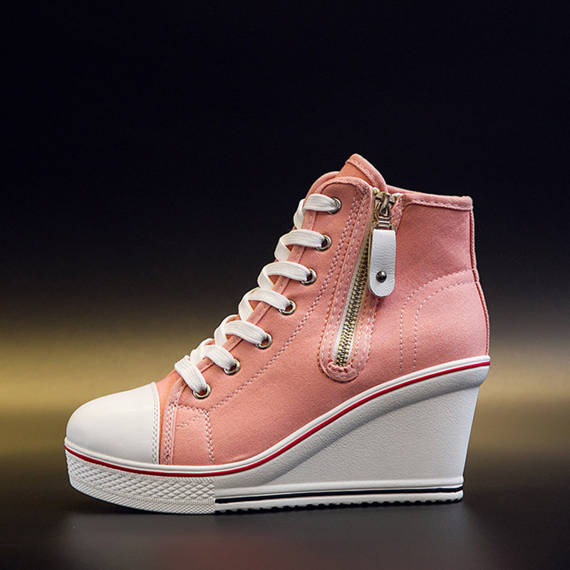 Women's platform wedge heels canvas sneakers with side zipper