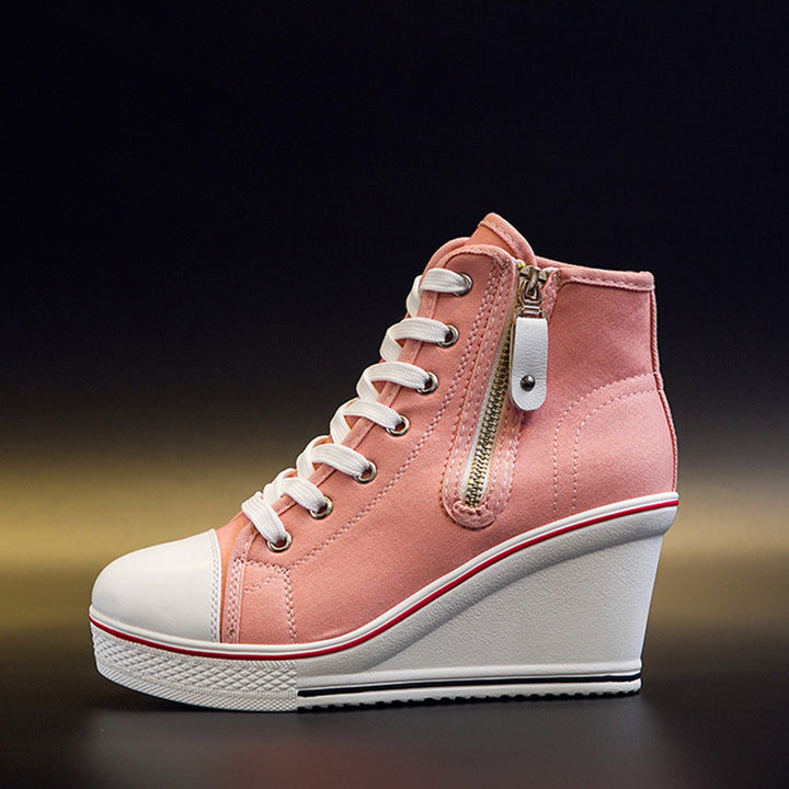 Women's platform wedge heels canvas sneakers with side zipper