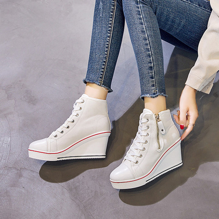 white Women's platform wedge heels canvas sneakers with side zipper