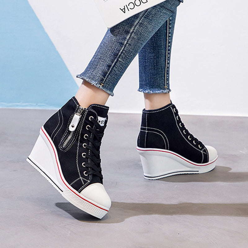 Women's platform wedge heels canvas sneakers with side zipper