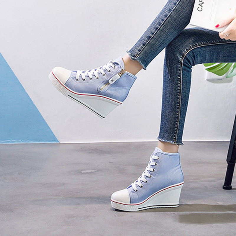 Women's platform wedge heels canvas sneakers with side zipper