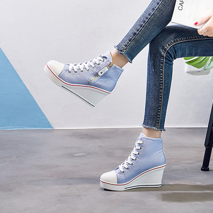 Women's platform wedge heels canvas sneakers with side zipper