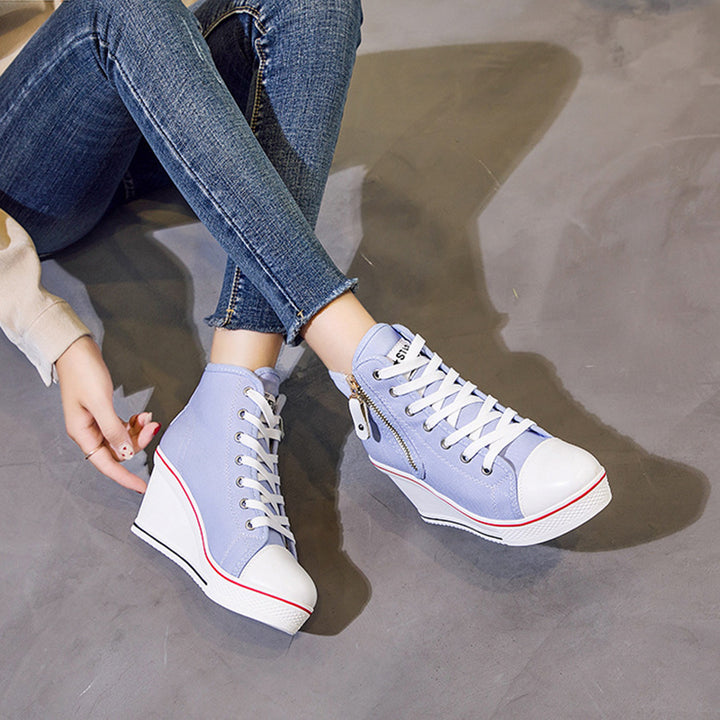 blue Women's platform wedge heels canvas sneakers with side zipper