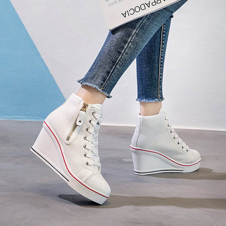 white Women's platform wedge heels canvas sneakers with side zipper