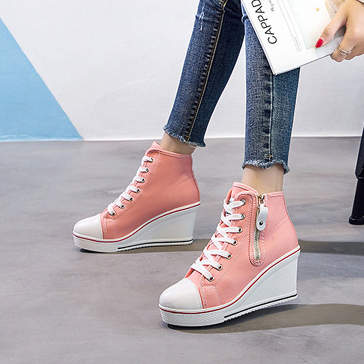 pink Women's platform wedge heels canvas sneakers with side zipper