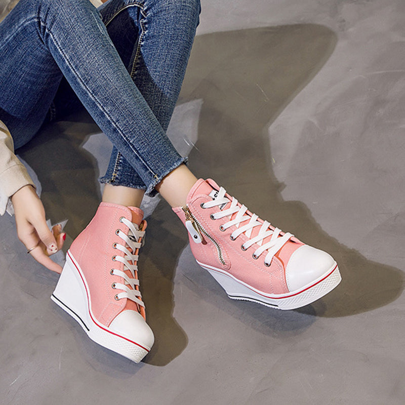 pink Women's platform wedge heels canvas sneakers with side zipper