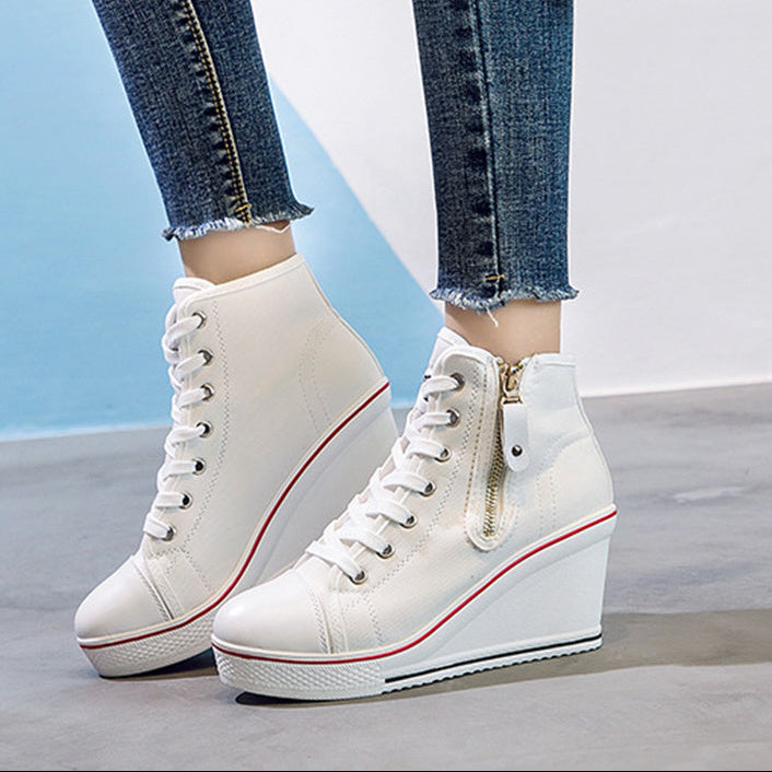 Women's platform wedge heels canvas sneakers with side zipper