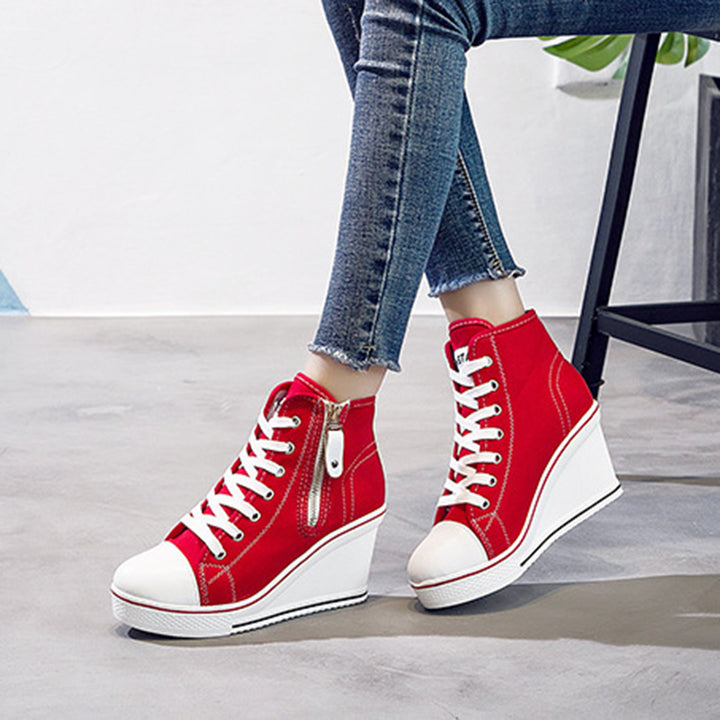 Women's platform wedge heels canvas sneakers with side zipper