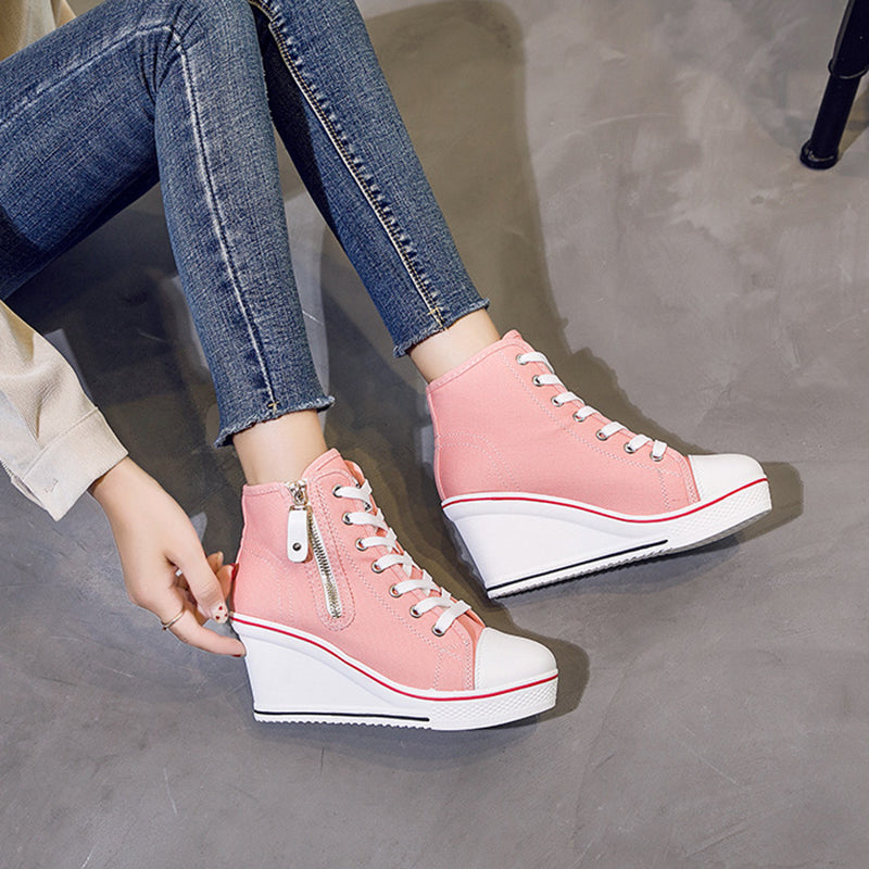 Women's platform wedge heels canvas sneakers with side zipper