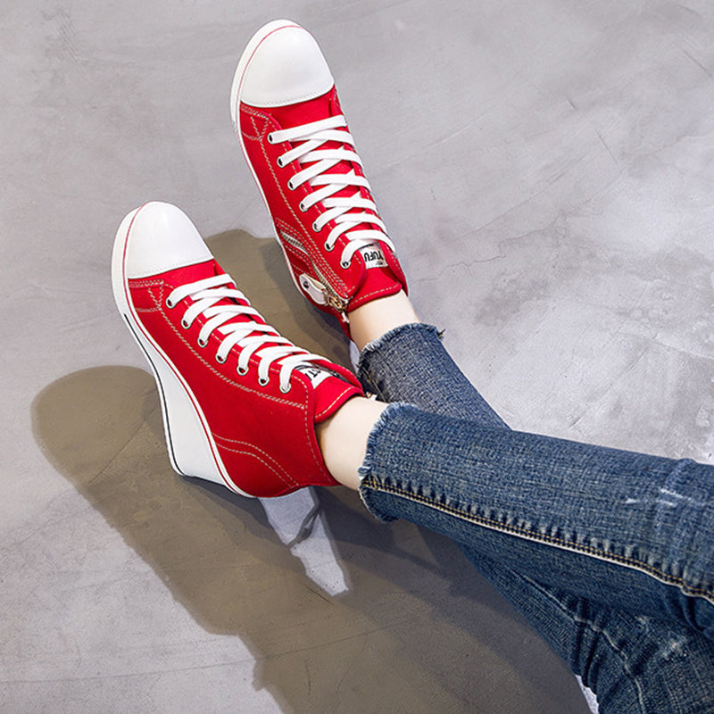 red Women's platform wedge heels canvas sneakers with side zipper