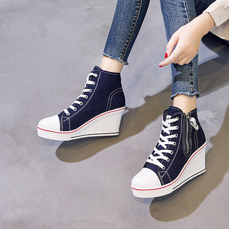 Women's platform wedge heels canvas sneakers with side zipper