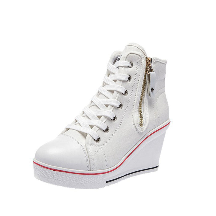 Women's platform wedge heels canvas sneakers with side zipper
