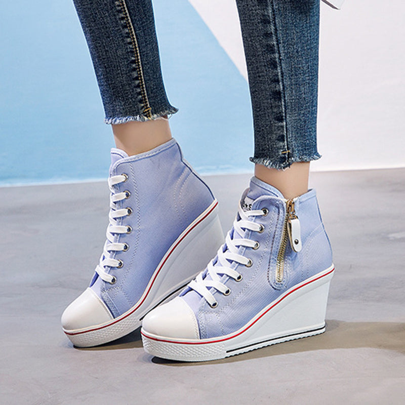 Women's platform wedge heels canvas sneakers with side zipper