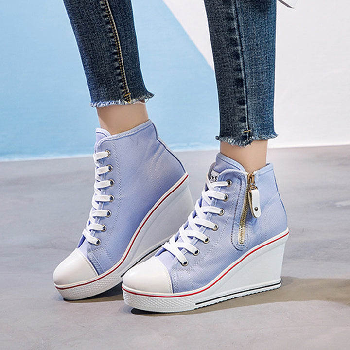 Women's platform wedge heels canvas sneakers with side zipper