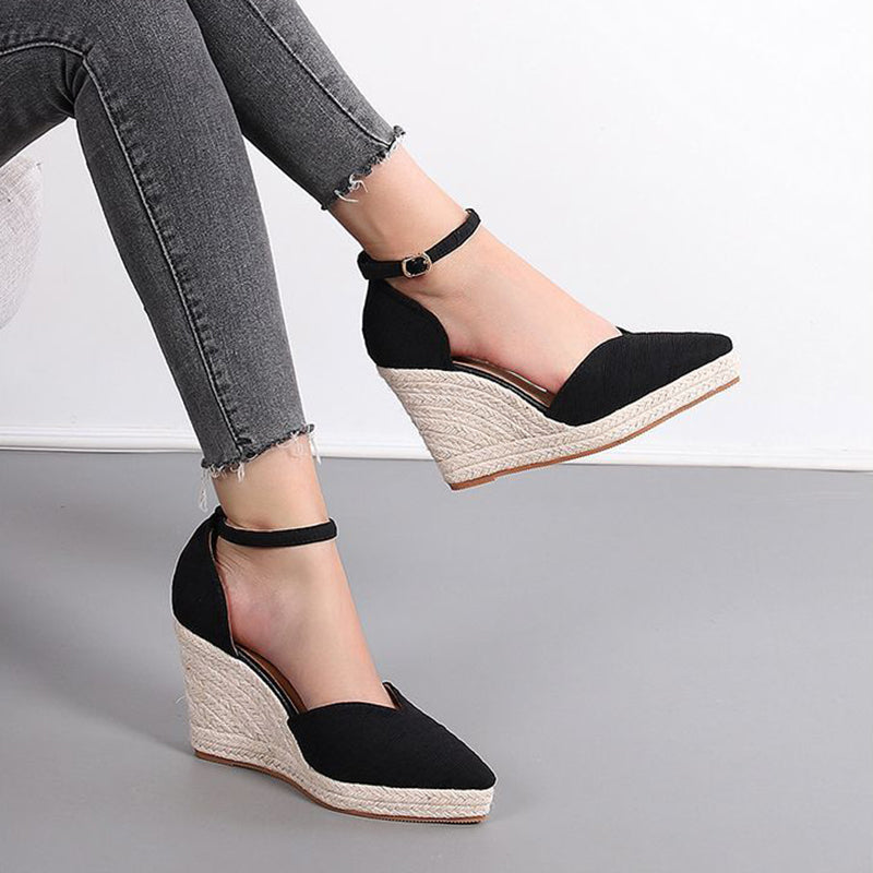 black Women’s Pointed Toe Espadrille Wedge Sandals – Dressy Summer Walking Shoes