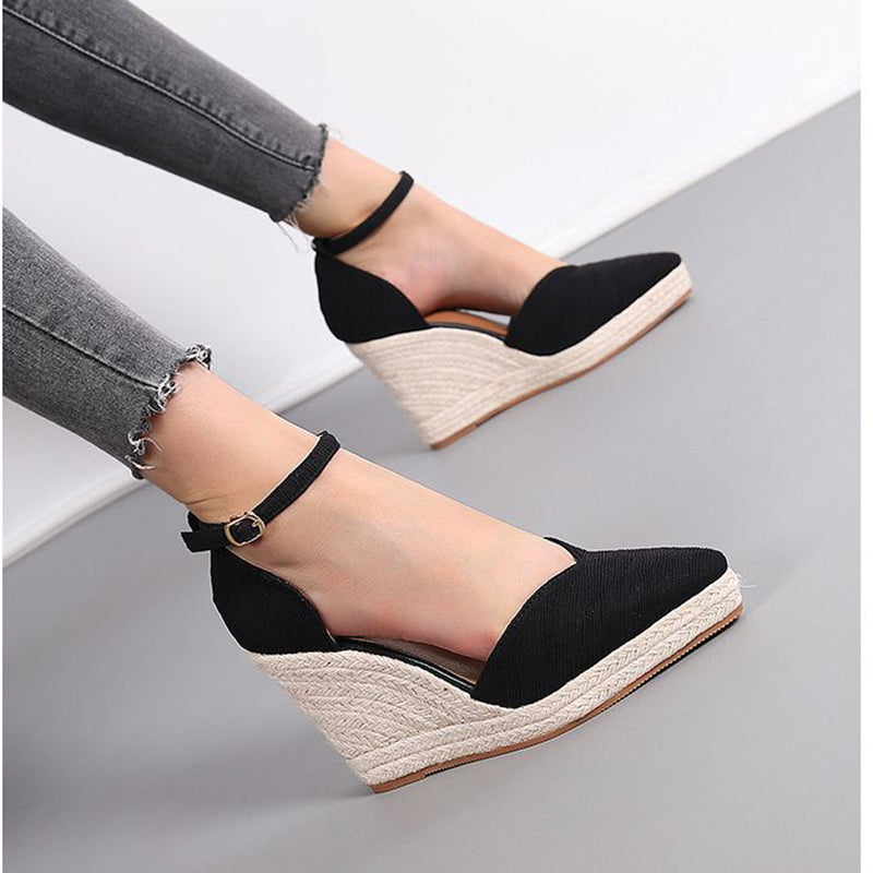 black Women’s Pointed Toe Espadrille Wedge Sandals – Dressy Summer Walking Shoes