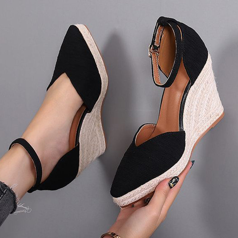 black Women’s Pointed Toe Espadrille Wedge Sandals – Dressy Summer Walking Shoes