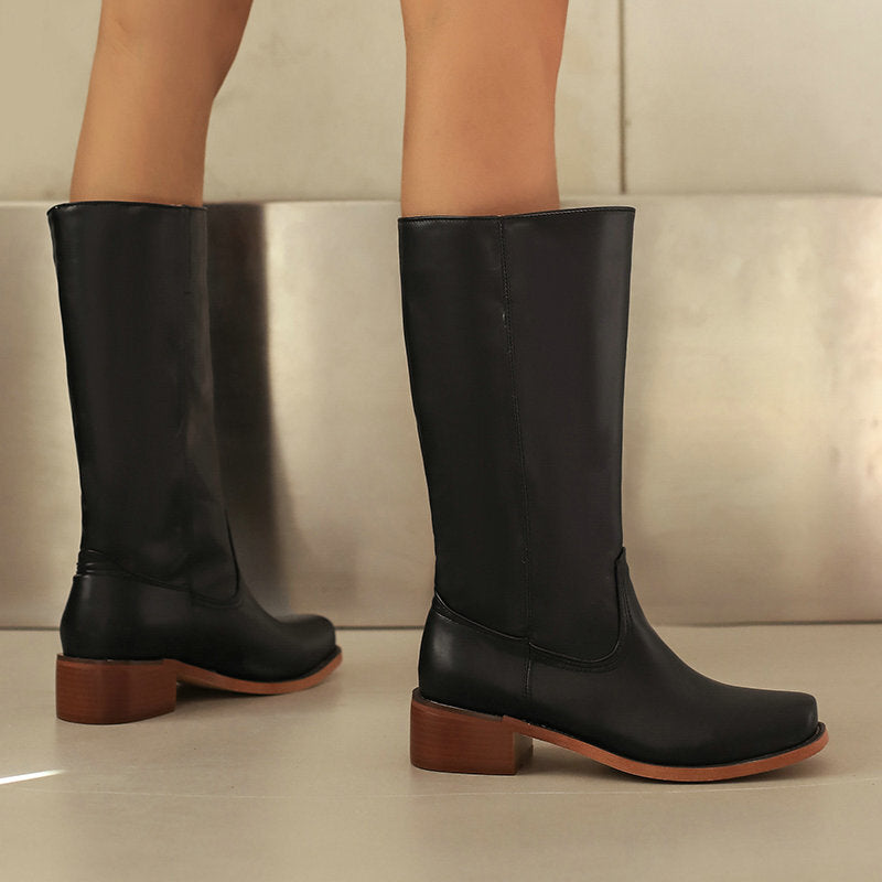 Women's pull-on block heels mid calf western boots for casual and country outfits