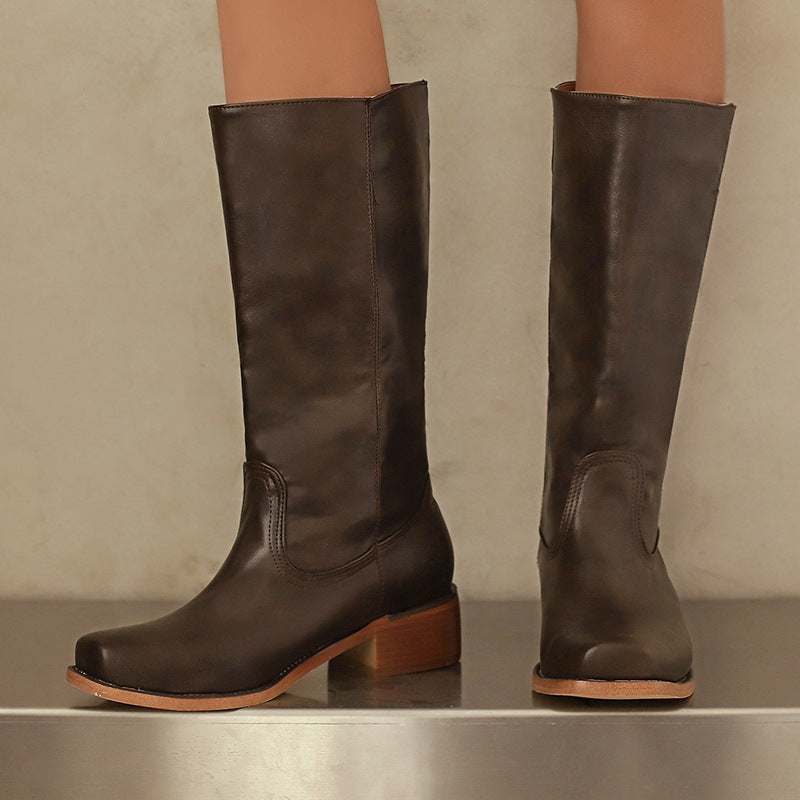 coffee Women's pull-on block heels mid calf western boots for casual and country outfits