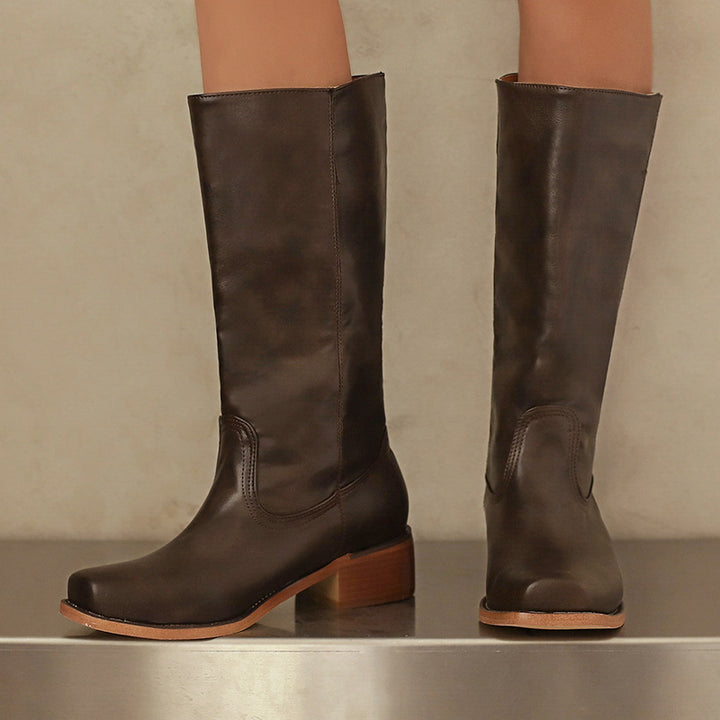 coffee Women's pull-on block heels mid calf western boots for casual and country outfits