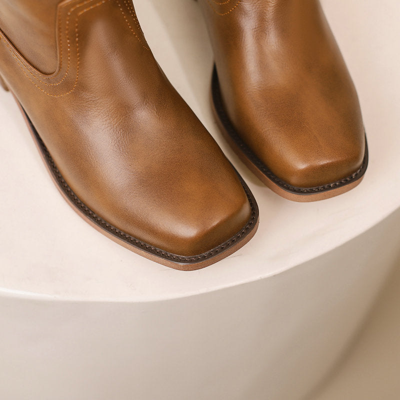 caramel Women's pull-on block heels mid calf western boots for casual and country outfits