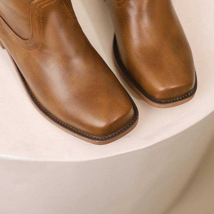 caramel Women's pull-on block heels mid calf western boots for casual and country outfits