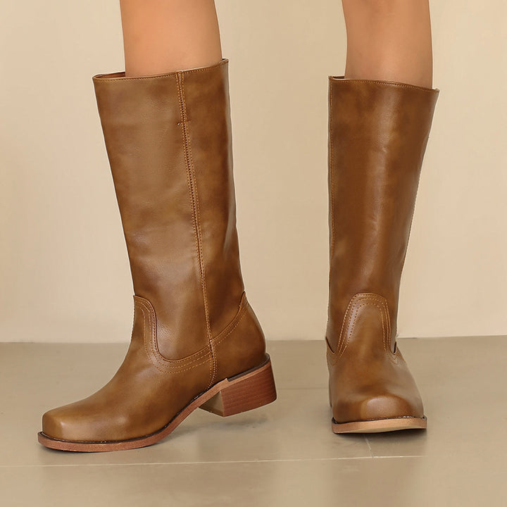 caramel Women's pull-on block heels mid calf western boots for casual and country outfits