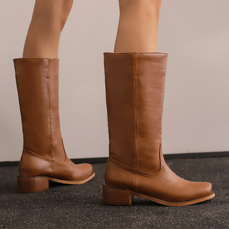 brown Women's pull-on block heels mid calf western boots for casual and country outfits