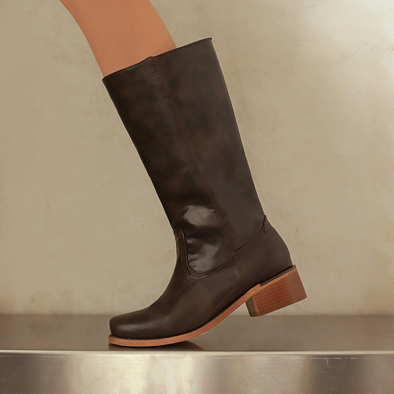 coffee Women's pull-on block heels mid calf western boots for casual and country outfits