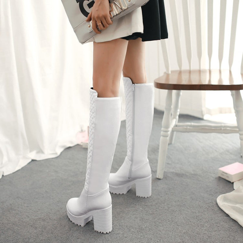 white Women's quilted chunky heels knee high boots